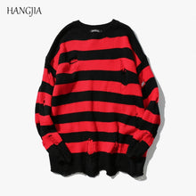 Load image into Gallery viewer, Black Red Striped Hole Knit Sweaters Autumn Winter Sweater Fashion Long Paragraph Oversized Jumpers Men Women All-match Clothing