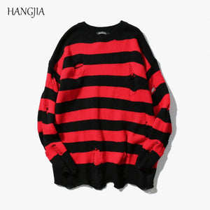 Black Red Striped Hole Knit Sweaters Autumn Winter Sweater Fashion Long Paragraph Oversized Jumpers Men Women All-match Clothing