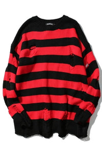 Black Red Striped Hole Knit Sweaters Autumn Winter Sweater Fashion Long Paragraph Oversized Jumpers Men Women All-match Clothing