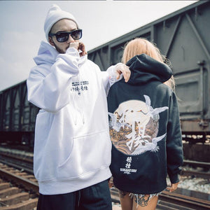 Embroidery Japanese Cranes Pullover Hoodies Men 2019 Winter Hip Hop Male Casual Hooded Sweatshirts Streetwear