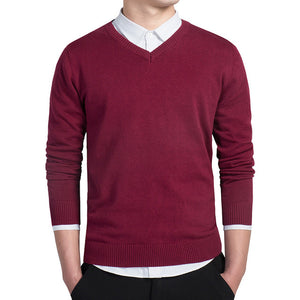 V-neck Knitted Sweaters 2018 Autumn Fashion Casual Men Sweaters Pullover Slim Fit Cotton Solid Men Pullover Plus Size M-3XL