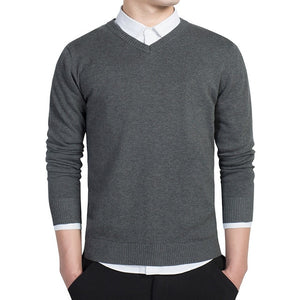 V-neck Knitted Sweaters 2018 Autumn Fashion Casual Men Sweaters Pullover Slim Fit Cotton Solid Men Pullover Plus Size M-3XL